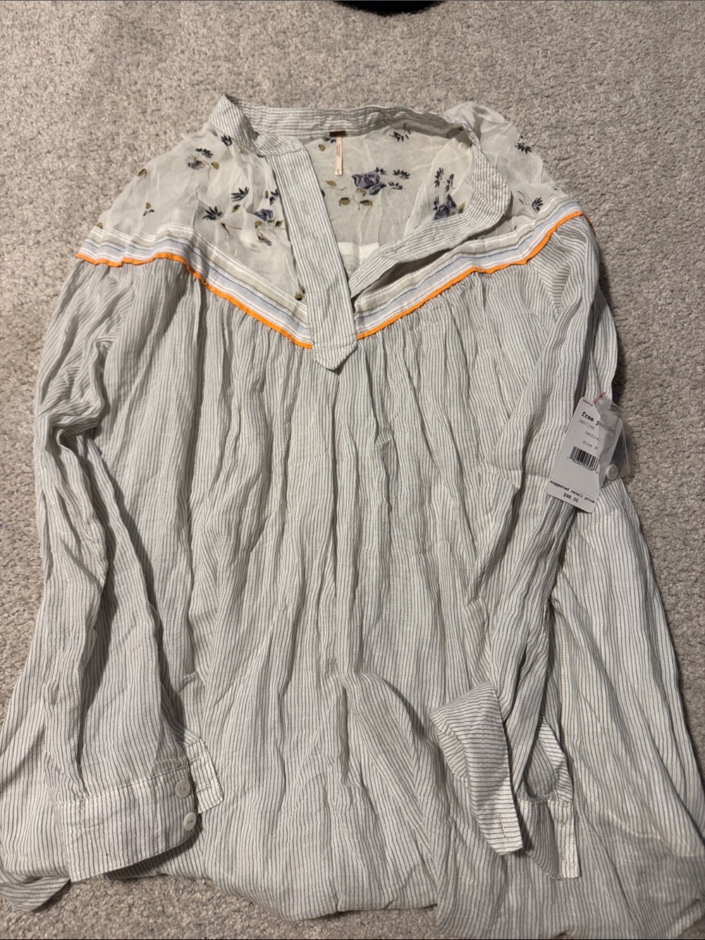 Free People Cream and Light Blue Striped Peasant Blouse with Floral Yoke